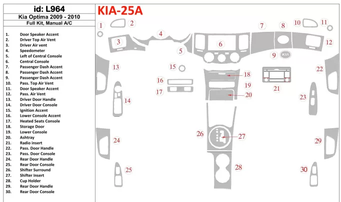 KIA Optima 2009-2010 Ensemble complet, Boîte de vitesses manuelle AC Intérieur BD Dash Trim Kit - 1 KIA Optima 2009-2010 Ensemble complet, Boîte de vitesses manuelle AC Intérieur BD Dash Trim Kit - 1