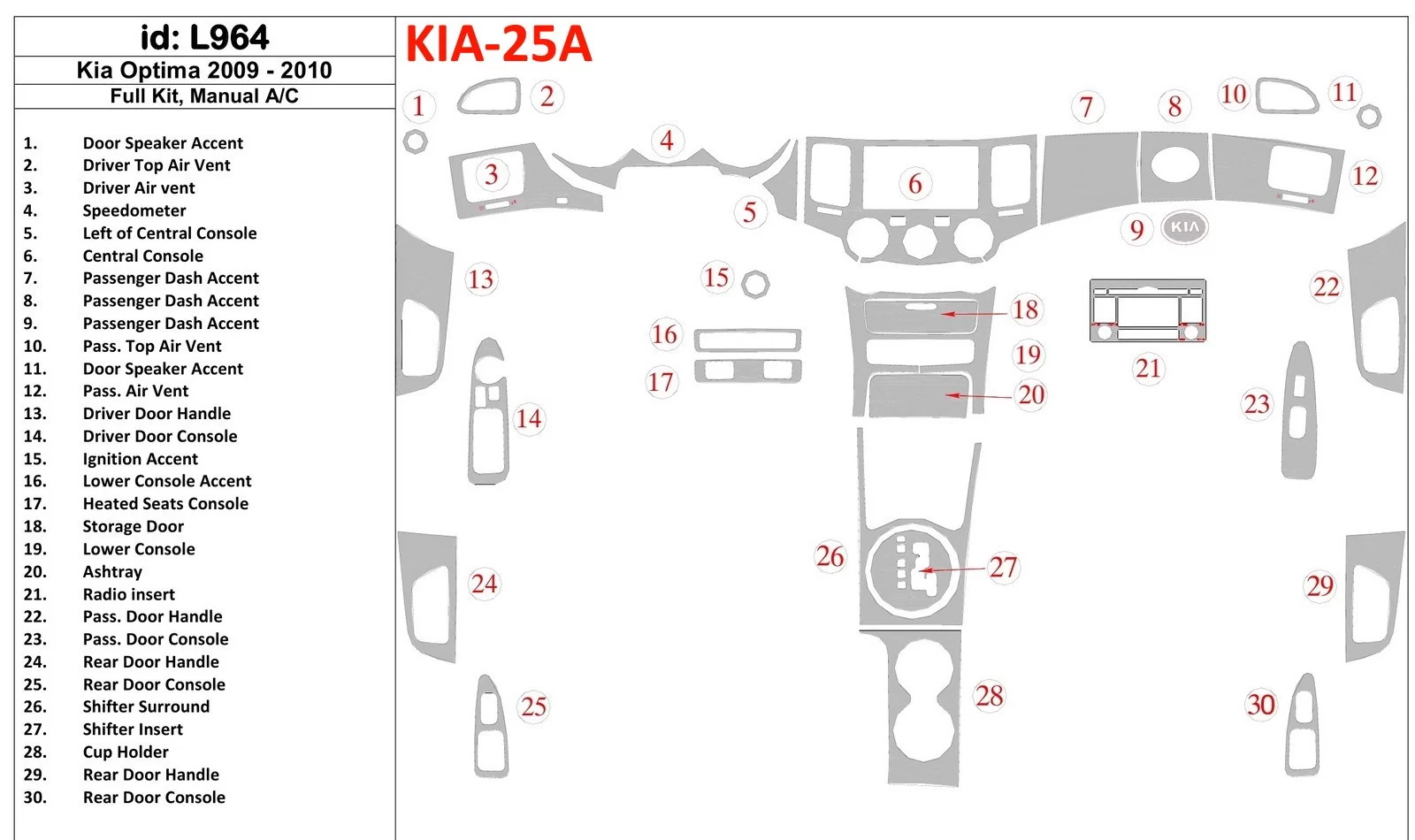 KIA Optima 2009-2010 Ensemble complet, Boîte de vitesses manuelle AC Intérieur BD Dash Trim Kit - 1
