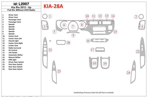 Kia Rio 2012-UP Volledige set, zonder UVO-radio Interieur BD Dash Trim Kit - 1