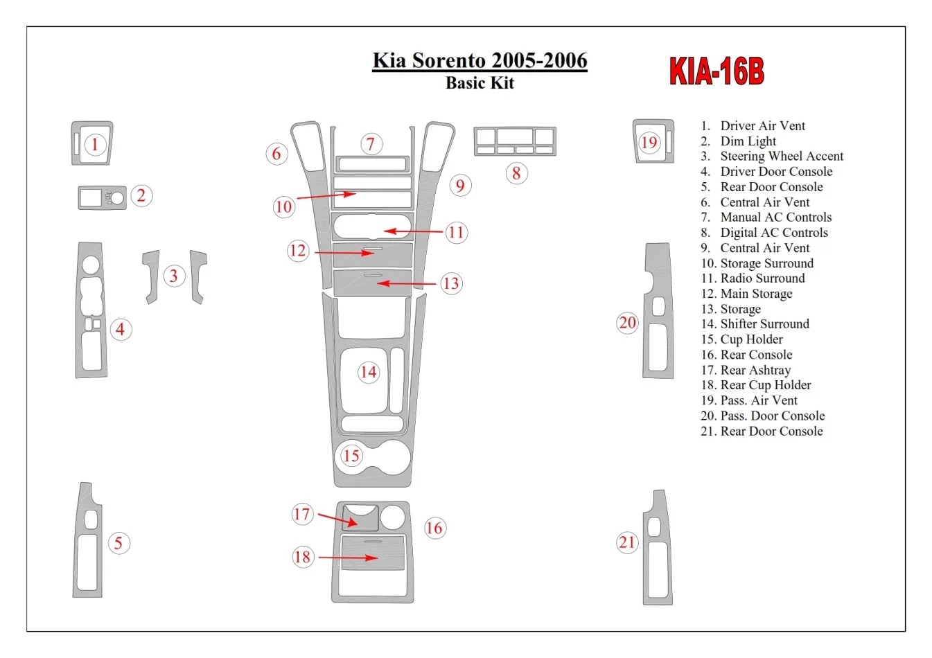KIA Sorento 2005-2006 Basic Set Interior BD Dash Trim Kit - 1 - Interior Dash Trim Kit
