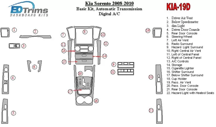 KIA Sorento 2008-2010 basisset, automatische versnelling, met stoelverwarming Interieur BD Dash Trim Kit - 1 KIA Sorento 2008-2010 basisset, automatische versnelling, met stoelverwarming Interieur BD Dash Trim Kit - 1