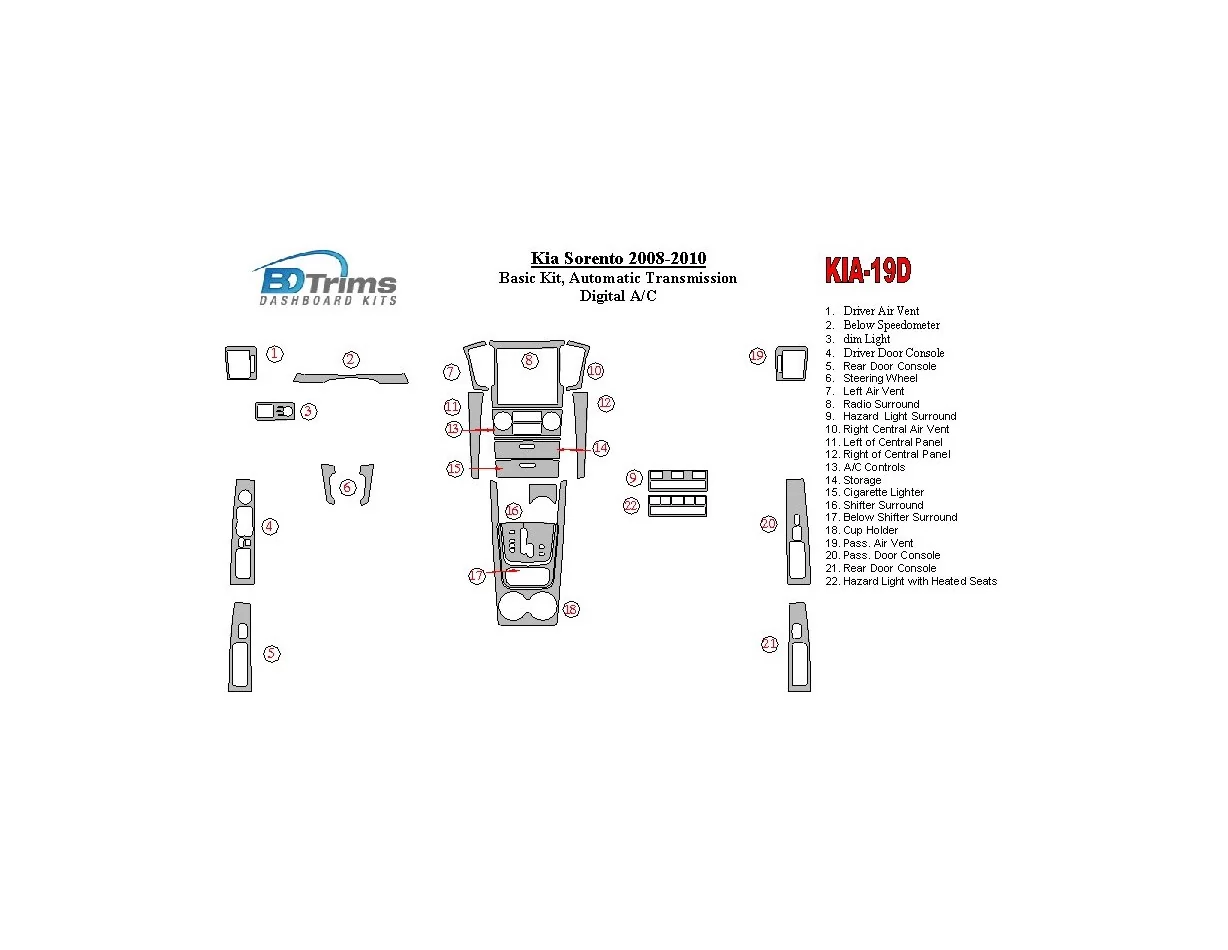 KIA Sorento 2008-2010 Basic Set, Automatic Gear,with Heated Seats Interior BD Dash Trim Kit - 1 - Interior Dash Trim Kit