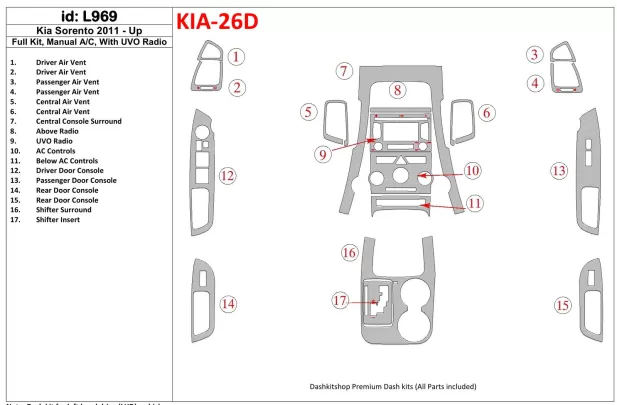 KIA Sorento 2011-UP Volledige set, airconditioning, met UVO-radio Interieur BD Dash Trim Kit - 1 KIA Sorento 2011-UP Volledige set, airconditioning, met UVO-radio Interieur BD Dash Trim Kit - 1