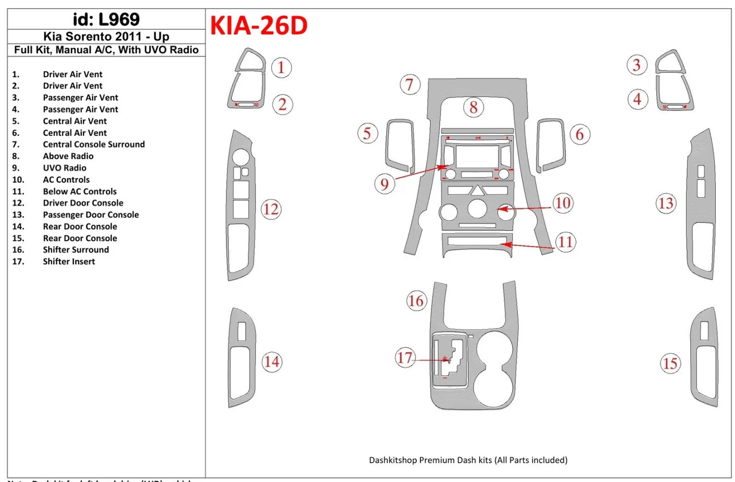 KIA Sorento 2011-UP Full Set, Aircondition, With UVO Radio Interior BD Dash Trim Kit - 1 - Interior Dash Trim Kit