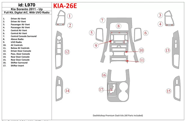 KIA Sorento 2011-UP Ensemble complet, climatisation, avec kit de garniture de tableau de bord BD intérieur radio UVO - 1