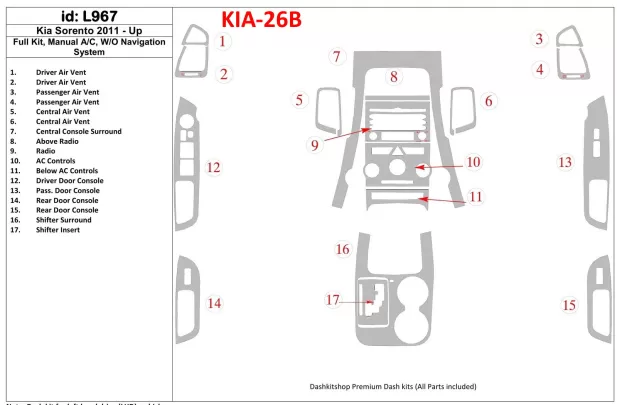 KIA Sorento 2011-UP Volledige set, handgeschakelde versnellingsbak AC, zonder navigatiesysteem Interieur BD Dash Trim Kit - 1