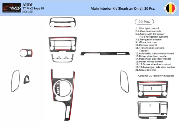 Audi TT 2008-2014-Roadster Kit de garniture de tableau de bord intérieur 3D Dash Trim Dekor 20-Parts - 1 Audi TT 2008-2014-Roadster Kit de garniture de tableau de bord intérieur 3D Dash Trim Dekor 20-Parts - 1