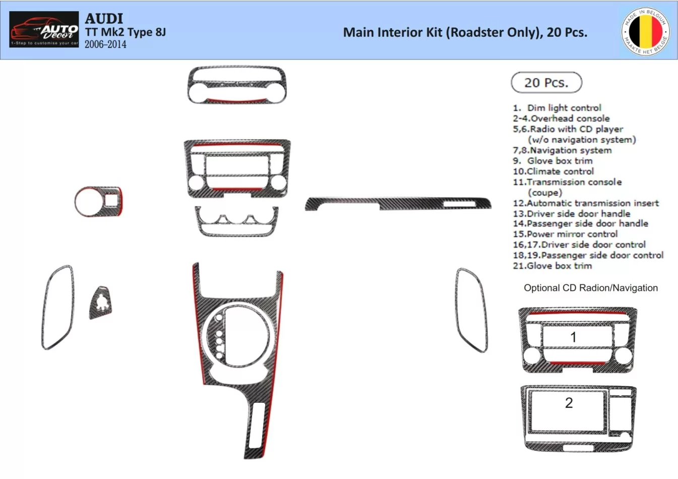 Audi TT 2008-2014-Roadster Kit de garniture de tableau de bord intérieur 3D Dash Trim Dekor 20-Parts - 1