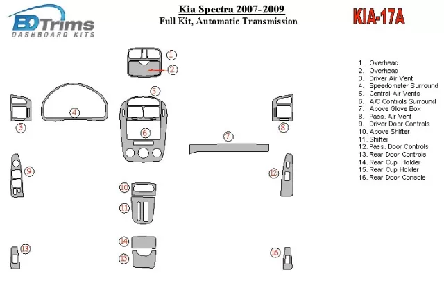 KIA Spectra 2007-UP Ensemble complet, kit de garniture de tableau de bord intérieur BD à engrenage automatique - 1 KIA Spectra 2007-UP Ensemble complet, kit de garniture de tableau de bord intérieur BD à engrenage automatique - 1