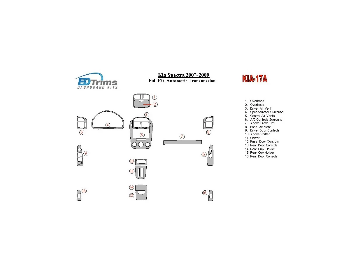 KIA Spectra 2007-UP Volledige set, automatische versnellingsbak Interieur BD Dash Trim Kit - 1
