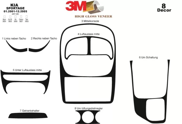 Kia Sportage 01.01-12.05 Kit de garniture de tableau de bord intérieur 3D Dash Trim Dekor 8-Parts - 1