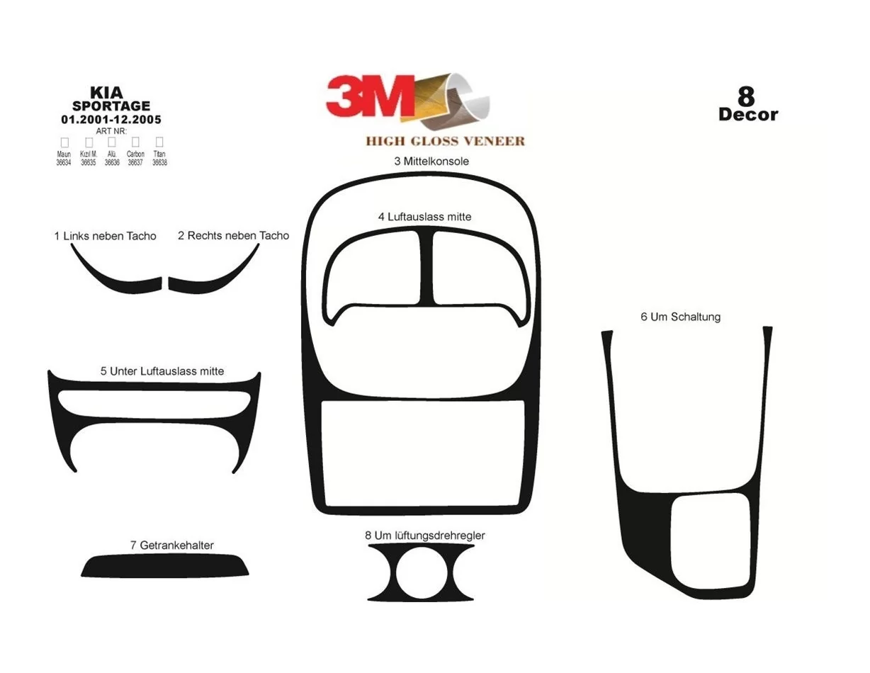Kia Sportage 01.01-12.05 Kit de garniture de tableau de bord intérieur 3D Dash Trim Dekor 8-Parts - 1