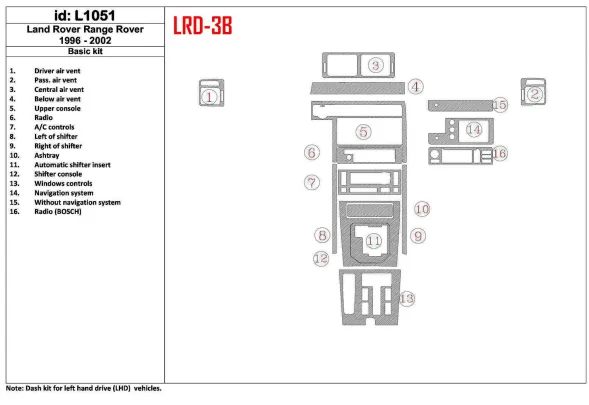 Land Rover Range Rover 1996-2002 Basic Set, OEM Compliance, 16 Parts set Interior BD Dash Trim Kit - 1 - Interior Dash Trim Kit Land Rover Range Rover 1996-2002 Basic Set, OEM Compliance, 16 Parts set Interior BD Dash Trim Kit - 1 - Interior Dash Trim Kit