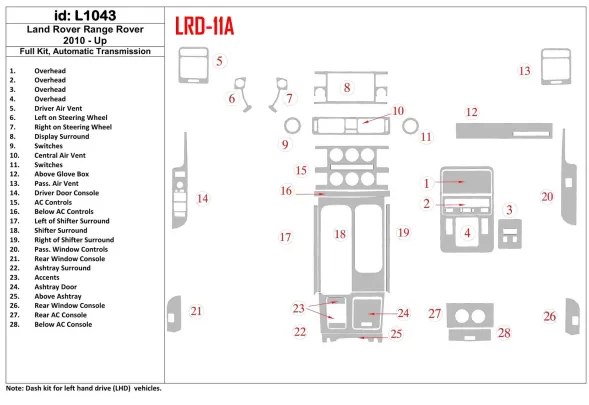 Land Rover Range Rover 2010-UP Ensemble complet, kit de garniture de tableau de bord intérieur BD à engrenage automatique - 1
