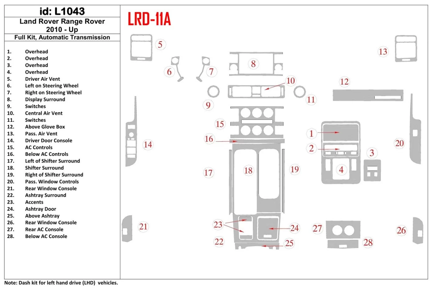 Land Rover Range Rover 2010-UP Full Set, Automatic Gear Interior BD Dash Trim Kit - 1 - Interior Dash Trim Kit