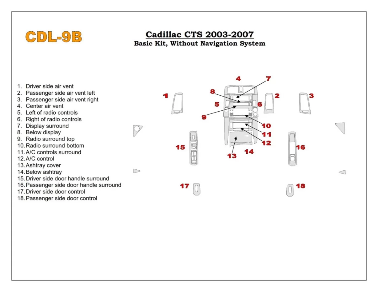 Cadillac CTS 2003-2007 Basic Set, 18 Parts set Interior BD Dash Trim Kit - 1