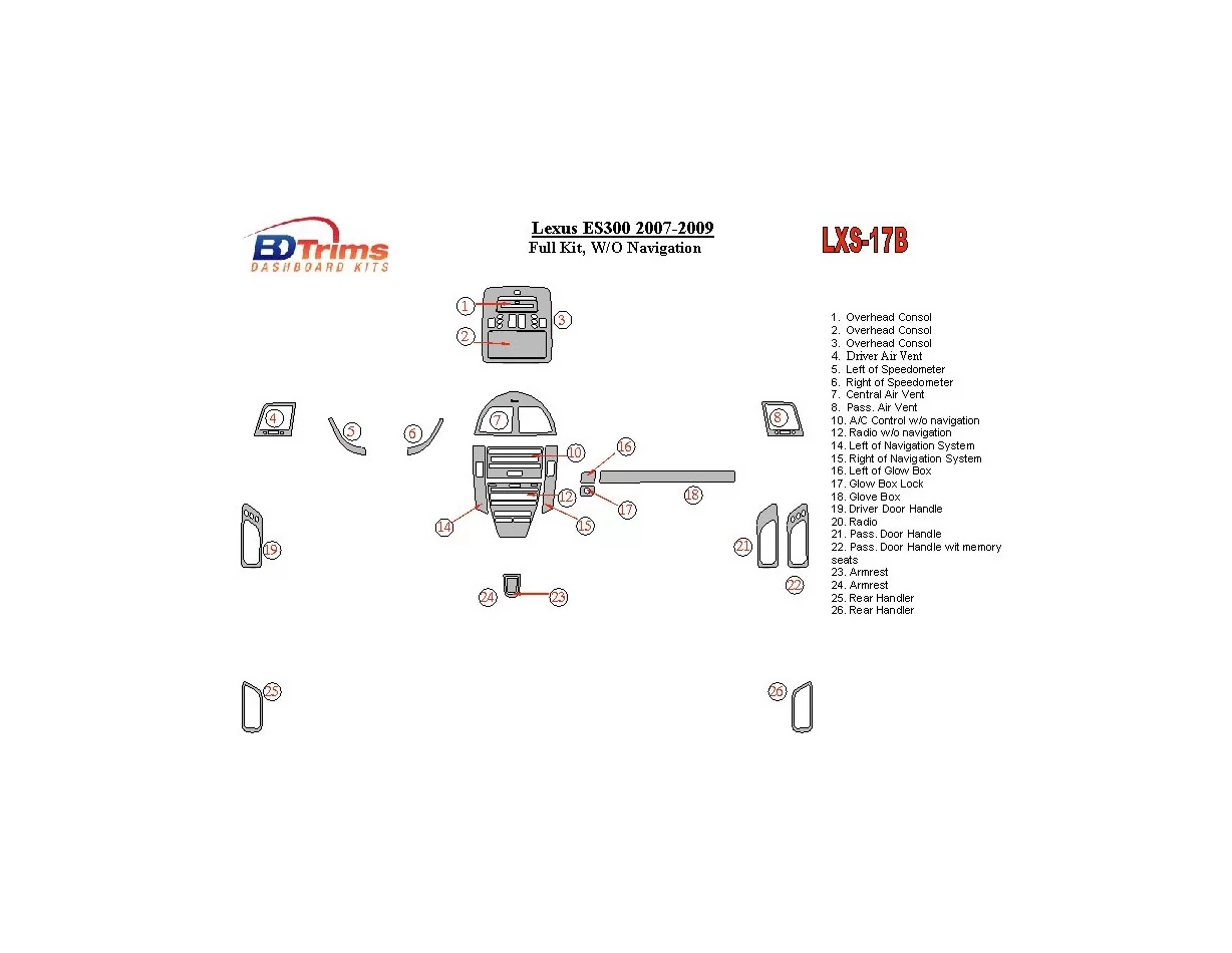 Lexus ES 2007-UP Full Set, Without NAVI Interior BD Dash Trim Kit - 1 - Interior Dash Trim Kit
