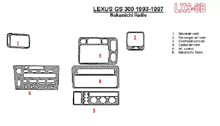 Lexus GS 1993-1997 Radio Nakamichi, conformité OEM, ensemble de 6 pièces Kit de garniture de tableau de bord intérieur BD - 1