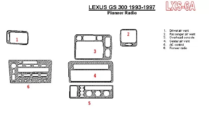 Lexus GS 1993-1997 Radio Pioneer, conformité OEM, ensemble de 6 pièces Kit de garniture de tableau de bord intérieur BD - 1