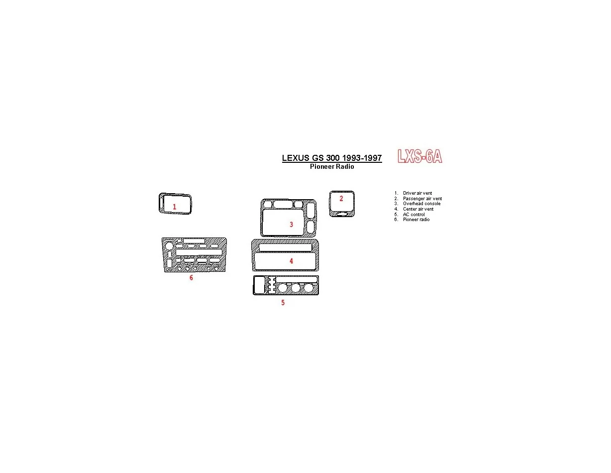 Lexus GS 1993-1997 Pioneer Radio, OEM Compliance, 6 Parts set Interior BD Dash Trim Kit - 1 - Interior Dash Trim Kit