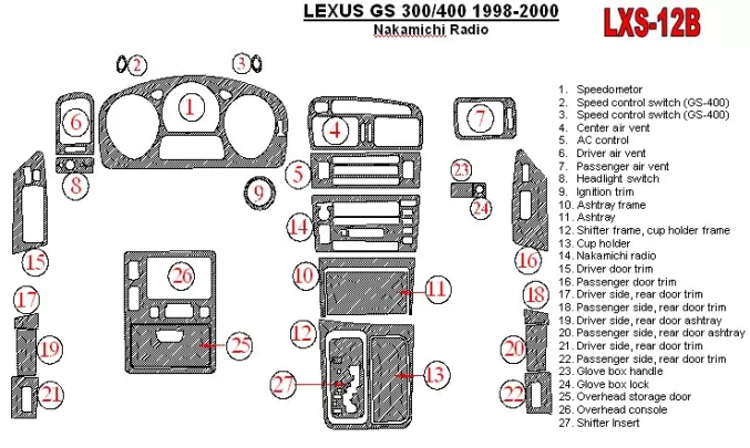 Lexus GS 1998-2000 Nakamichi-radio, OEM-naleving, 26-delige set Interieur BD dashboardafwerkingsset - 1 Lexus GS 1998-2000 Nakamichi-radio, OEM-naleving, 26-delige set Interieur BD dashboardafwerkingsset - 1