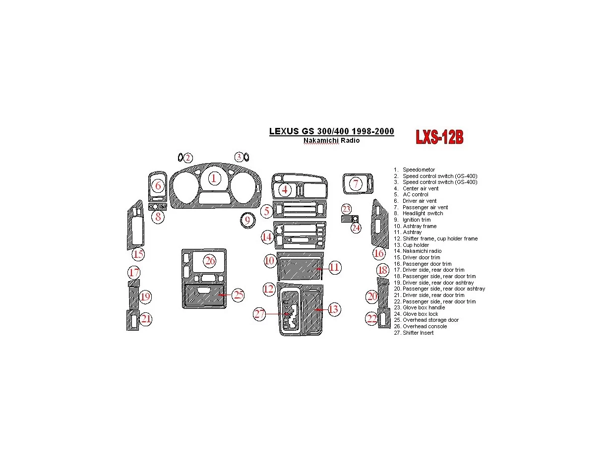 Lexus GS 1998-2000 Nakamichi Radio, OEM Compliance, 26 Parts set Interior BD Dash Trim Kit - 1 - Interior Dash Trim Kit