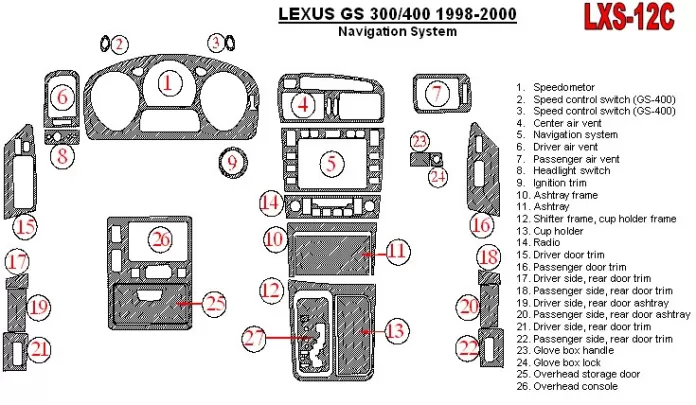 Lexus GS 1998-2000 Navigation system, OEM Compliance, 26 Parts set Interior BD Dash Trim Kit - 1 - Interior Dash Trim Kit
