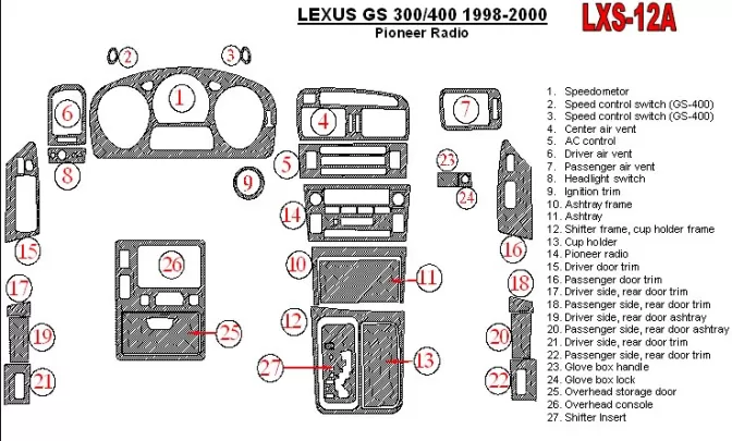 Lexus GS 1998-2000 Pioneer Radio, OEM Compliance, 26 Parts set Interior BD Dash Trim Kit - 1
