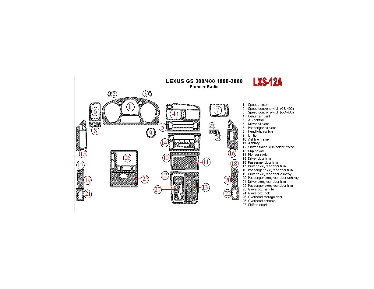 Lexus GS 1998-2000 Pioneer Radio, OEM Compliance,26 Parts set Interior BD Dash Trim Kit - 1 - Interior Dash Trim Kit