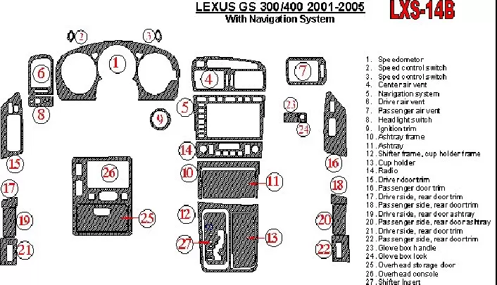 Lexus GS 2001-2005 avec système NAVI, kit de garniture de tableau de bord intérieur BD conforme OEM - 1