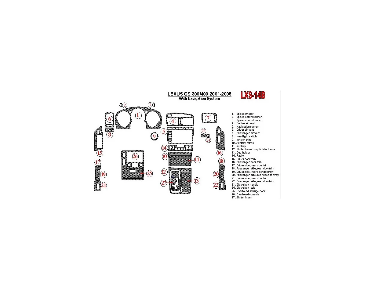 Lexus GS 2001-2005 With NAVI system, OEM Compliance Interior BD Dash Trim Kit - 1 - Interior Dash Trim Kit