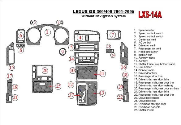 Lexus GS 2001-2005 Sans système NAVI, kit de garniture de tableau de bord intérieur BD conforme OEM - 1