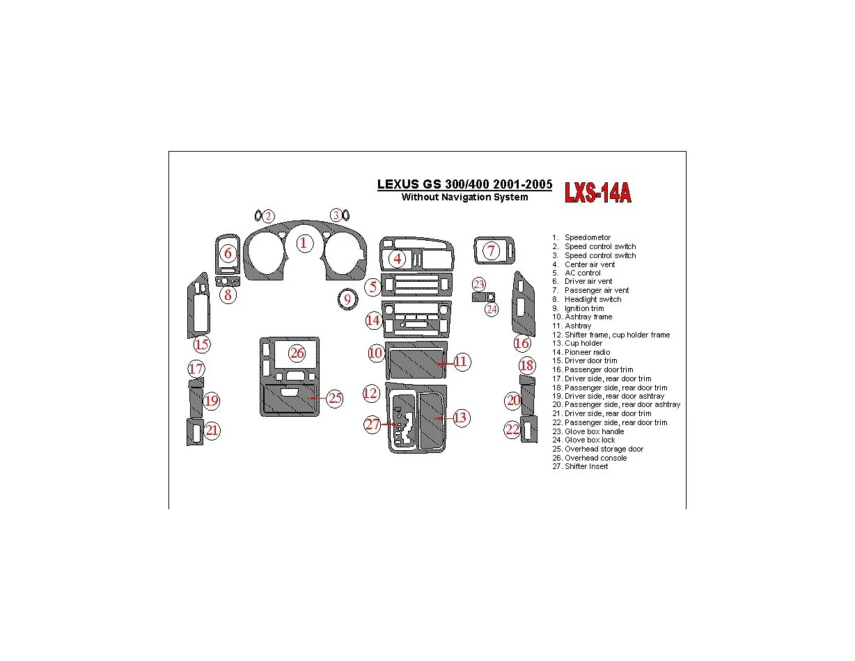 Lexus GS 2001-2005 Sans système NAVI, kit de garniture de tableau de bord intérieur BD conforme OEM - 1