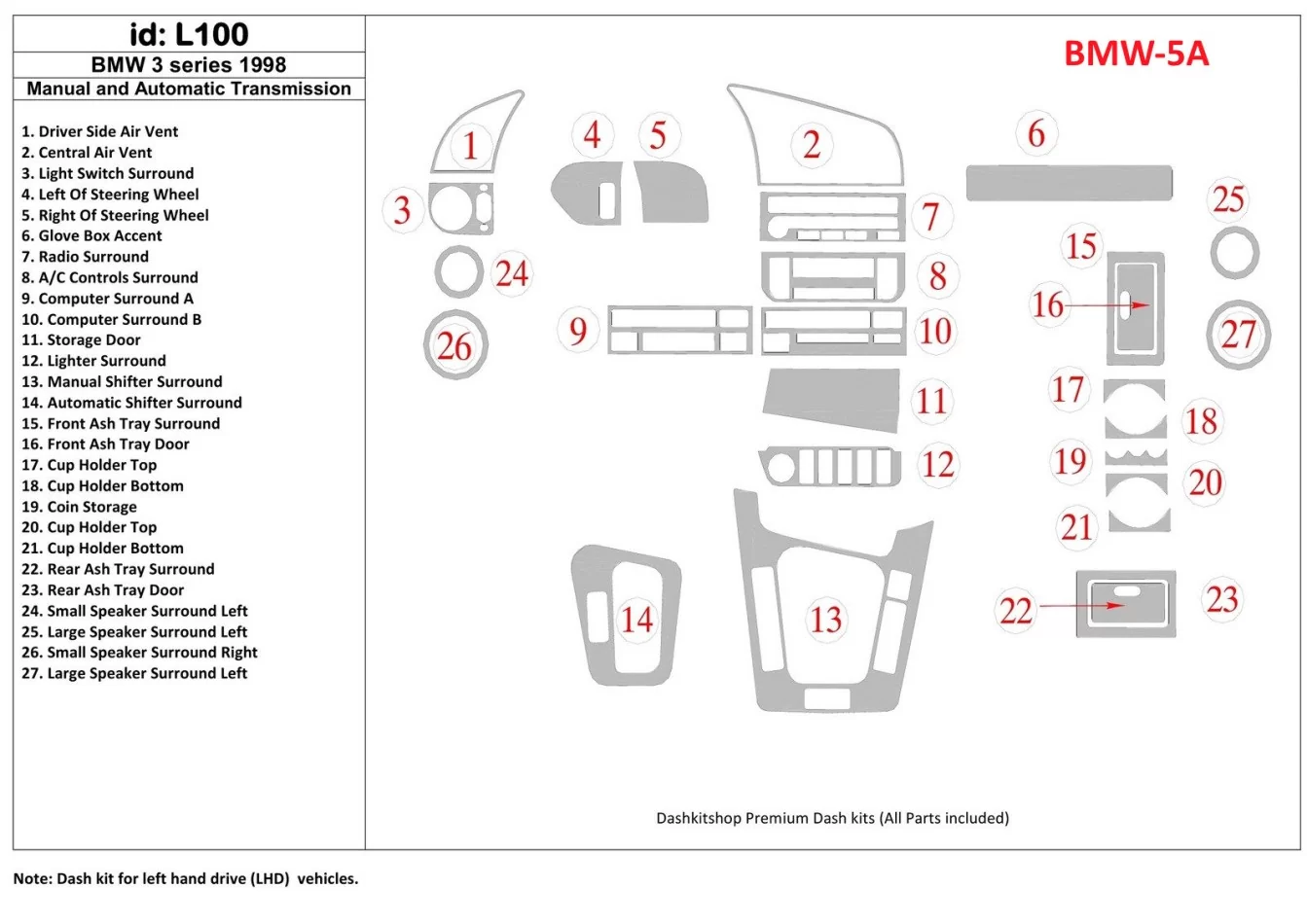 BMW 3 1998-1998 Manual Gearbox & Automatic Gear, 27 Parts set Interior BD Dash Trim Kit - 1 - Interior Dash Trim Kit