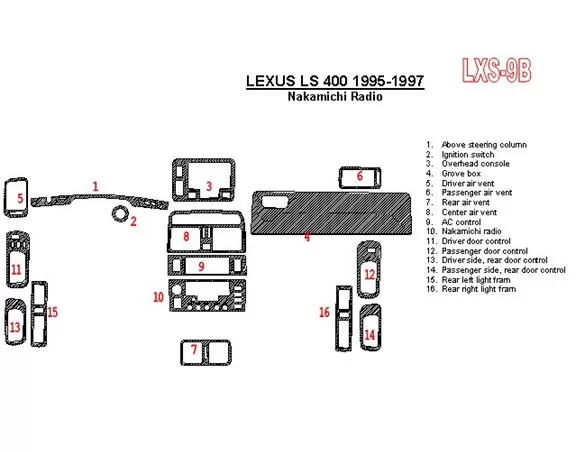 Lexus LS-400 1995-1997 Nakamichi-radio, OEM-naleving, set van 6 delen Interieur BD dashboardafwerkingsset - 1