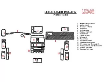 Lexus LS-400 1995-1997 Pioneer Radio, OEM Compliance, 6 Parts set Interior BD Dash Trim Kit - 1