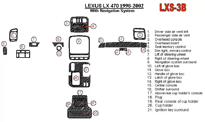 Lexus LX-470 1998-UP avec système NAVI, kit de garniture de tableau de bord BD intérieur de conformité OEM - 1