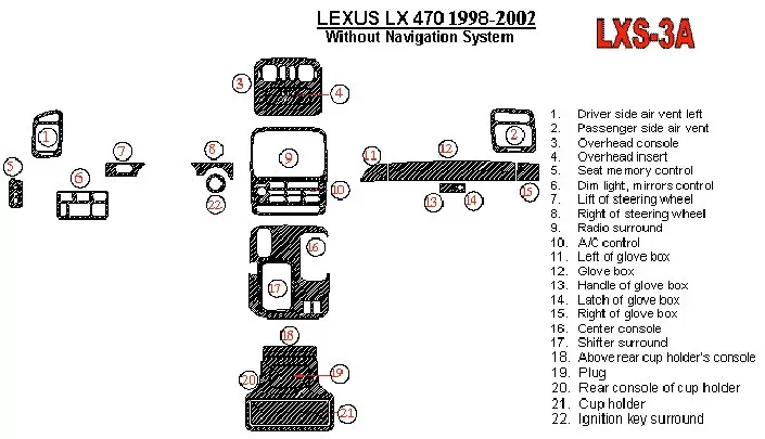 Lexus LX-470 1998-UP sans système NAVI, ensemble de 22 pièces Conformité OEM Kit de garniture de tableau de bord intérieur BD - 