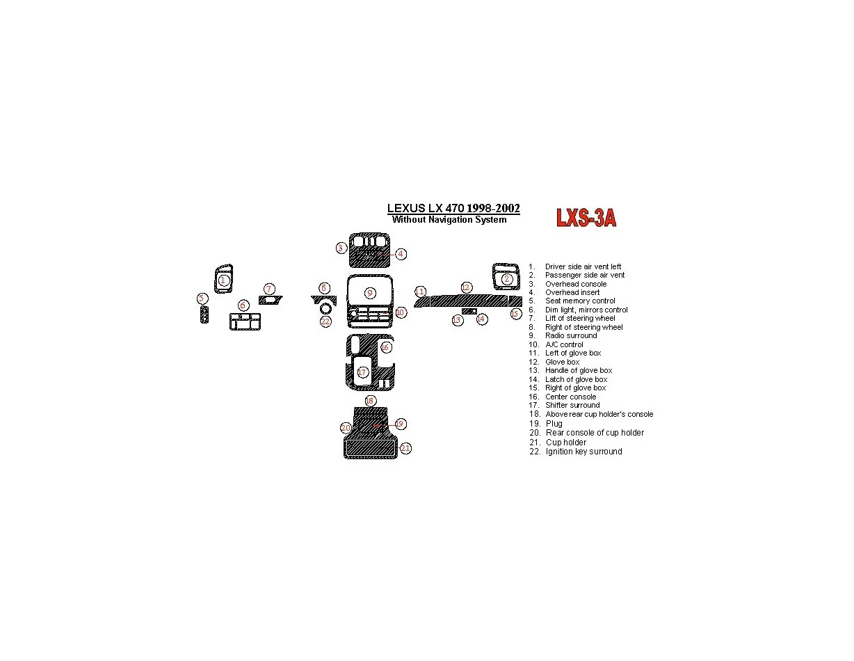 Lexus LX-470 1998-UP Zonder NAVI-systeem, set van 22 onderdelen OEM-conform Interieur BD Dash Trim Kit - 1