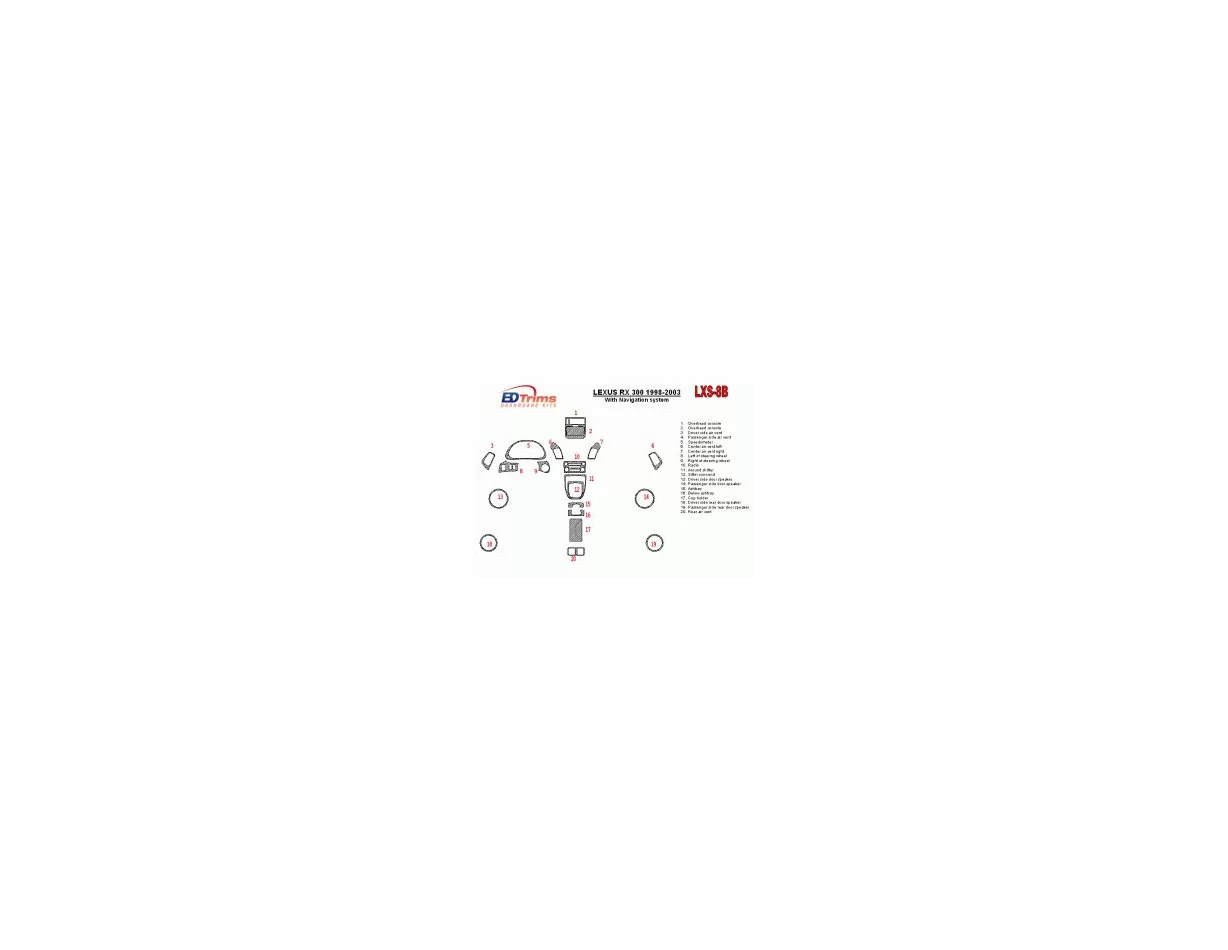 Lexus RX 1998-2003 avec système NAVI, conformité OEM, kit de garniture de tableau de bord intérieur BD de 20 pièces - 1