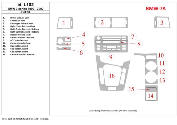 BMW 3 1999-2002 Full Set Interior BD Dash Trim Kit - 1 - Interior Dash Trim Kit