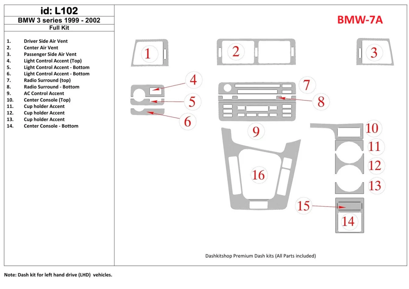 BMW 3 1999-2002 Full Set Interior BD Dash Trim Kit - 1 - Interior Dash Trim Kit