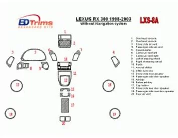 Lexus RX 1998-2003 sans système NAVI, conformité OEM, kit de garniture de tableau de bord intérieur BD de 20 pièces - 1