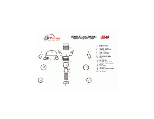 Lexus RX 1998-2003 sans système NAVI, conformité OEM, kit de garniture de tableau de bord intérieur BD de 20 pièces - 1 Lexus RX 1998-2003 sans système NAVI, conformité OEM, kit de garniture de tableau de bord intérieur BD de 20 pièces - 1