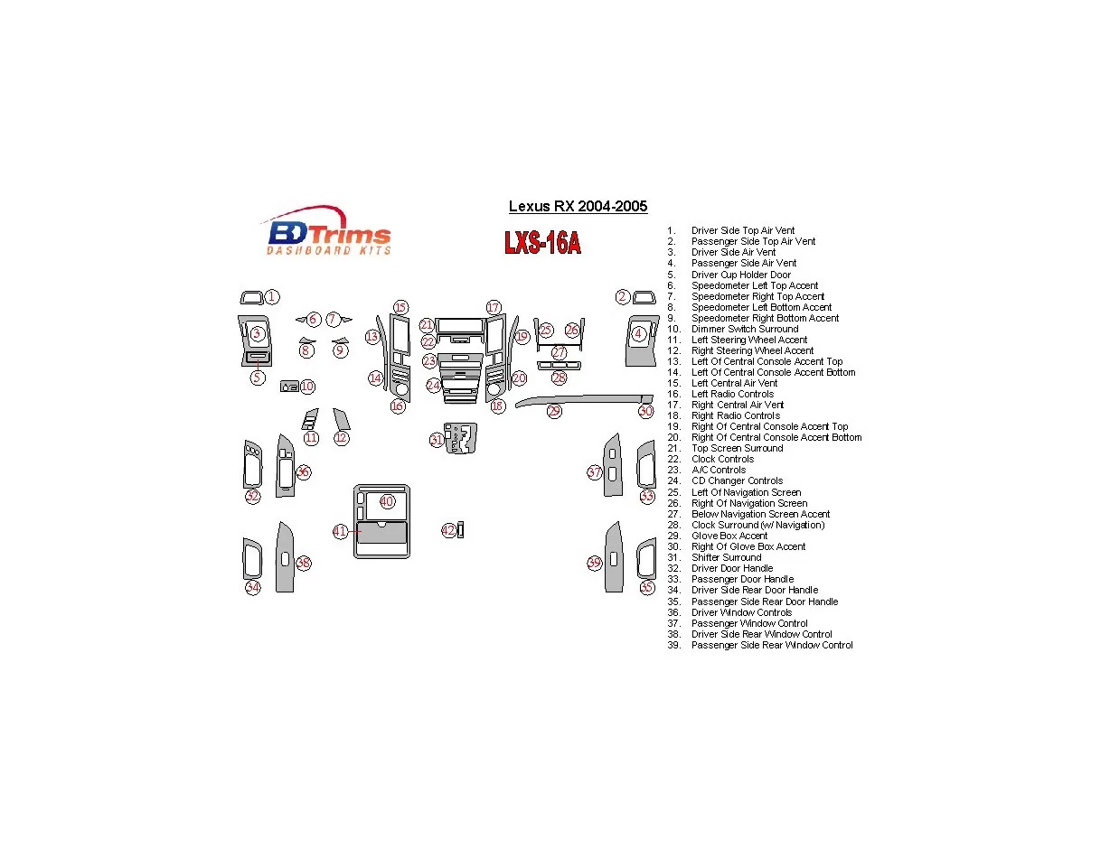 Lexus RX 2004-2005 Ensemble complet de garnitures de tableau de bord intérieur BD - 1
