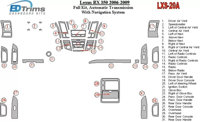 Ensemble complet Lexus RX 350 2006-UP, vitesse automatique, avec kit de garniture de tableau de bord BD intérieur de navigation Ensemble complet Lexus RX 350 2006-UP, vitesse automatique, avec kit de garniture de tableau de bord BD intérieur de navigation