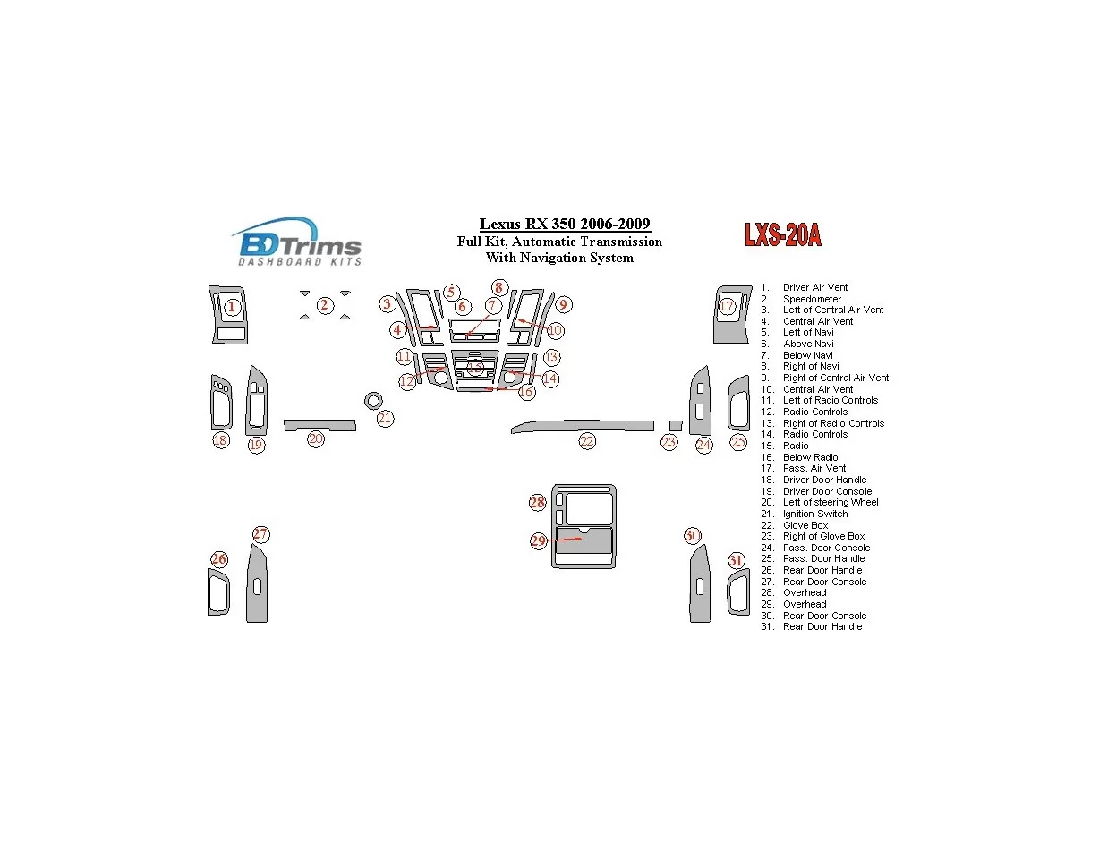 Lexus RX 350 2006-UP Full Set, Automatic Gear, With Navigation Interior BD Dash Trim Kit - 1 - Interior Dash Trim Kit