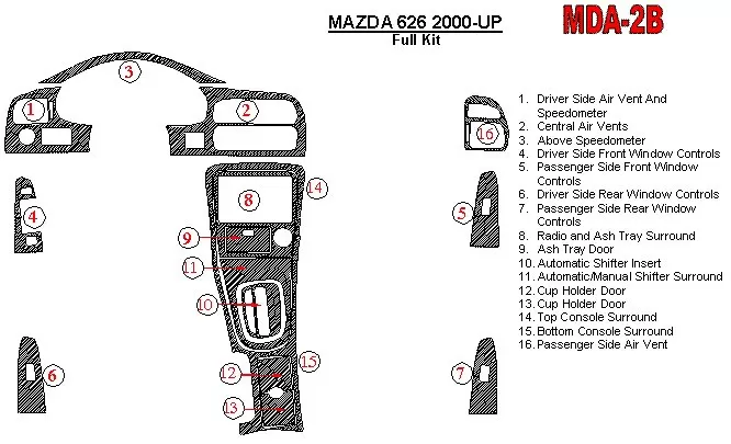 Mazda 626 2000-UP Kit de garniture de tableau de bord intérieur BD complet - 1