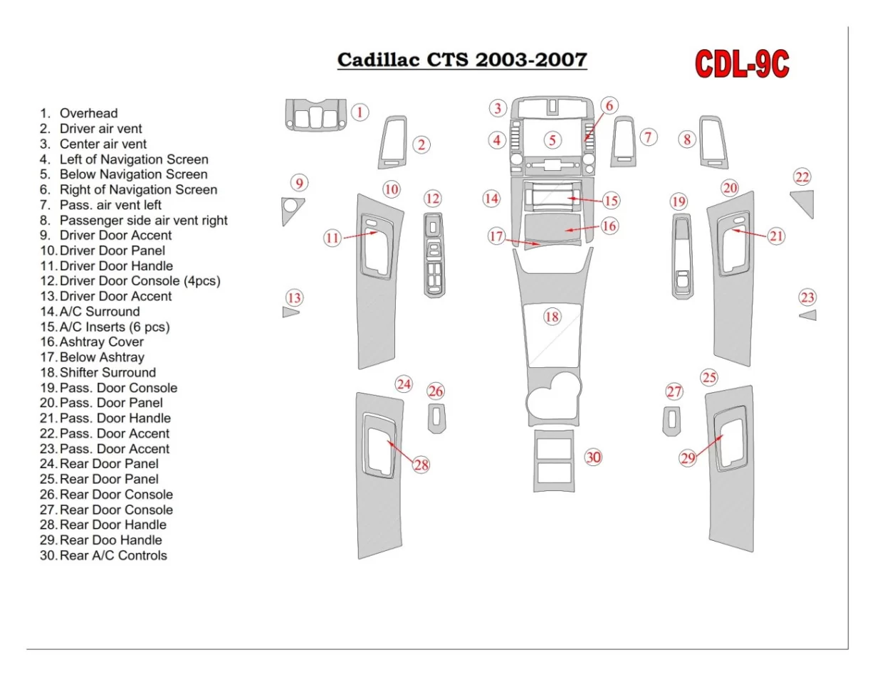 Cadillac CTS 2003-2007 Volledige set, met NAVI, met deurpanelen Interieur BD Dash Trim Kit - 1
