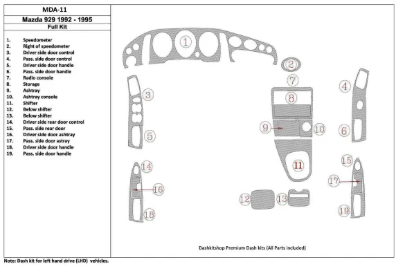 Mazda 929 1992-1995 Full Set, 19 Parts set Interior BD Dash Trim Kit - 1 - Interior Dash Trim Kit Mazda 929 1992-1995 Full Set, 19 Parts set Interior BD Dash Trim Kit - 1 - Interior Dash Trim Kit